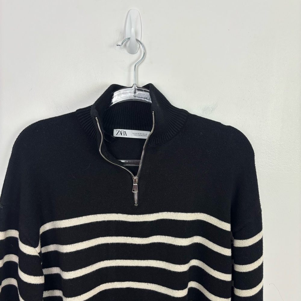 Zara Black & White Quarter Zip Pullover Sweater Size Medium - Picture 7 of 13